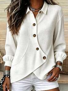 SHEIN Elegant Minimalist Turn-Down Collar Asymmetrical Hem Button Decor Commute Vacation College Style Women's Casual Shirt - White - View 2