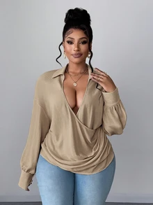 Maweii Plus Size Long Sleeve Fashionable Elegant Commuter Versatile Sweet Blouse - Khaki - View 2