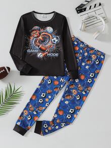 男童長袖長褲修身睡衣家居服套裝，新品上市，附人氣足球、橄欖球、棒球與酷炫圖案印花，適合男孩 - 黑色 - 查看 5