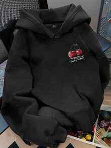 EMERY ROSE Plus-Size Women's Casual Sweatshirt With Front And Back Cherry Print Fall Winter - Black - View 2