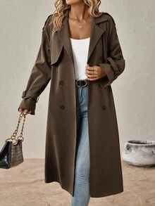 SHEIN Clasi 秋冬款落肩袖雙排扣繫腰風衣 - 咖啡棕 - 查看 7