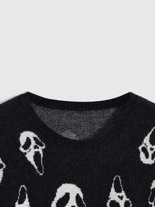 ROMWE Dark Gothic Halloween Ghost Face Jacquard Distressed Design Crew Neck Pullover Loose Fit Plus Size Sweater - Black - View 3