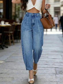 EMERY ROSE EMERY ROSE Plus Size Women's High Waist Tapered Casual Versatile Denim Jeans - Medium Wash - View 6