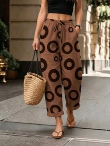 Breezaya Celana Panjang Wanita Ukuran Besar Motif Bulat dengan Pinggang Ramping, Musim Gugur/Dingin - Rust Brown - View 1