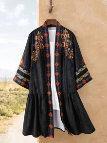 Rusticease Plus Size Women's Spring/Autumn Geometric Pattern Bell Sleeve Jacket, Fashion Creative Personalized, Suitable For Vacation - Black - View 5