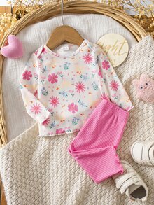 SHEIN 新生女嬰花卉印花長袖T恤與長褲套裝 - 粉色 - 查看 8