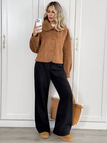 Easowa Women's Fashion Plush Collar Single-Breasted Long Sleeve Jacket - Brown - View 6