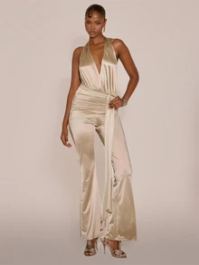 MUSERA Slinky Metallic Golden V Plunge Bust Ruched Waist Fitted Flare Jumpsuit Sexy Evening Night Going Out Fall Winter Autumn Solitude - Khaki - View 1