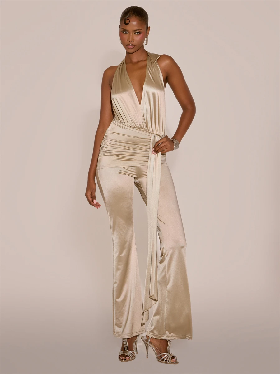 MUSERA Slinky Metallic Golden V Plunge Bust Ruched Waist Fitted Flare Jumpsuit Sexy Evening Night Going Out Fall Winter Autumn Solitude - Khaki - View 1