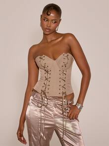 MUSERA Strapless Lace Up Bust Detail Corset Style Crop Top Sexy Evening Night Going Out Fall Winter Autumn Solitude - Khaki - View 1