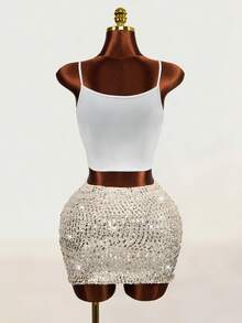 Mistrie Women's High Waist Sequin Skirt - Apricot - View 3