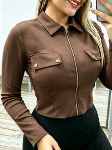 INAWLY 休閒修身翻領拉鍊金屬鈕扣裝飾性感長袖女式襯衫 - 咖啡棕 - 查看 3