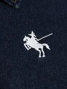 Elenzga Atasan Denim Lengan Pendek Kasual Ukuran Plus Wanita dengan Bordir di Bagian Depan - Dark Wash - View 3
