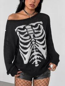 SHEIN ICON Women's Cold Shoulder Skull Pattern Fashion Sweater - Black - View 3