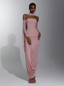 Elitara Elegant Minimalist Lotus Pink Knit Mesh Tube Top 2 In 1 Asymmetrical Ruched Hem Bridesmaid Dress - Dusty Pink - View 4
