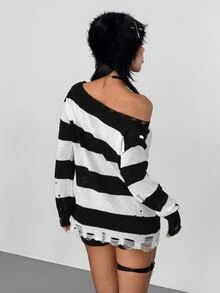 SHEIN ICON Women's Street Sexy Distressed Long Sleeve Striped Sweater - Black and White - View 2
