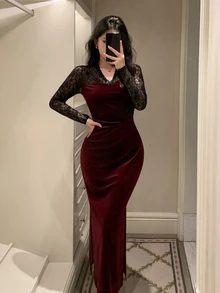 Dazy Tall Women's Long Elegant Lace Patchwork Dress - Burgundy - View 3