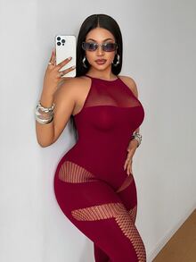Maweii 女款大尺碼拼接魚網掛脖性感連身褲 - 酒紅色 - 查看 4