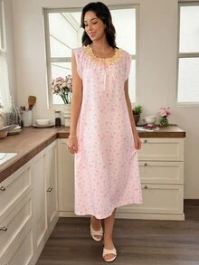 Snug Reverie Women's Romantic Lace Trim Ditsy Floral Long House Dress - Multicolor - View 4