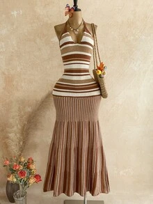 Soleia Women's Vacation Striped Halter Neck Tie Knit Dress With Fishtail Hem - Multicolor - View 1