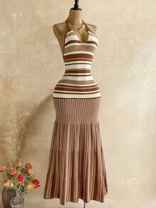 Soleia Women's Vacation Striped Halter Neck Tie Knit Dress With Fishtail Hem - Multicolor - View 3