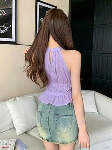 K-Vae Halter Neck New Elegant Pleated Fashion Ruffle Hem Top - Purple - View 2