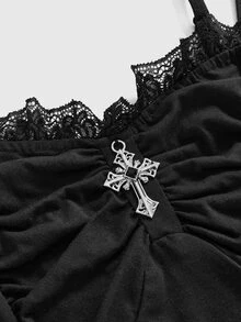 ROMWE Cross Y2K Ruched Cake Skirt Spaghetti Strap Plus Size Women Gothic Slip Dress - Black - View 2