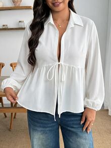 Enliva Plus Size Fall Long Sleeve Tie Front Peplum Blouse Apple - White - View 7