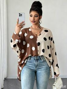 Maweii Plus Size Women's Colorblock Polka Dot Patchwork Sheer Split Batwing Sleeve Sexy Long Sleeve Blouse - Multicolor - View 1