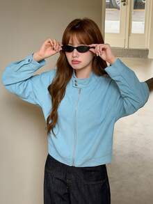 K-Vae Women's Light Blue Stand Collar Loose Casual Zip-Up Cardigan Jacket Top - Blue - View 6