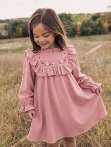 Emery Rose Kids Emery Rose Kids 女童編織素色花卉圖案荷葉邊休閒洋裝 - 藕粉色 - 查看 2