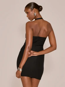 MUSERA Dipped Sweetheart Neckline Halterneck Fitted Bodycon Mini Dress Sexy Evening Night Going Out Fall Winter Autumn Solitude - Black - View 4