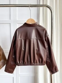 SHEIN Sparklyn Tween女孩黑色前拉鍊翻領羅紋袖口街頭風酷感百搭機車風PU皮革寬鬆夾克，秋冬穿搭 - 棕色 - 查看 2