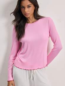 Ocili Comfortable Ribbed Rayon Contrast Color Scalloped Hem Women's Loungewear Top - Pink - View 6