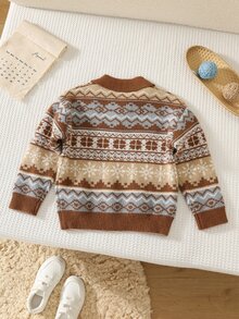 SHEIN Young Boy Collared Long Kids Sleeve Patterned Autumn Sweater - Multicolor - View 2
