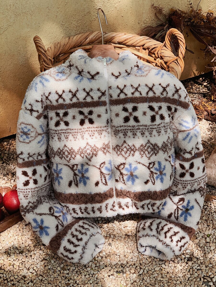 Comfortcana Women's Long Sleeve Zip-Up Fair Isle Lambswool Cropped Padded Coat - Multicolor - View 1