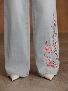 Anewsta Women's New Fashion Luxurious Heavy Embroidery Blue Jeans Straight Leg Pants - Blue - View 2