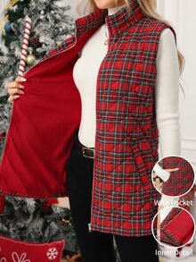 SHEIN Clasi 女款格紋前拉鍊休閒冬季背心外套 - 彩色 - 查看 9