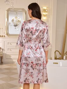LuxeNights Floral Print Contrast Lace Belted Satin Robe - Multicolor - View 2