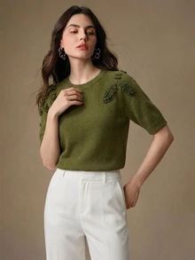 Anewsta Elegant Romantic Design Round Neck Raglan Sleeve 3D Embroidered Decor Women's Knit Top - Green - View 3