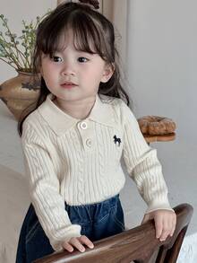 Dazy Kids Young Girl) Cute Turn-Down Collar POLO Neck Fitted Long Sleeve Autumn Sweater - Beige - View 2