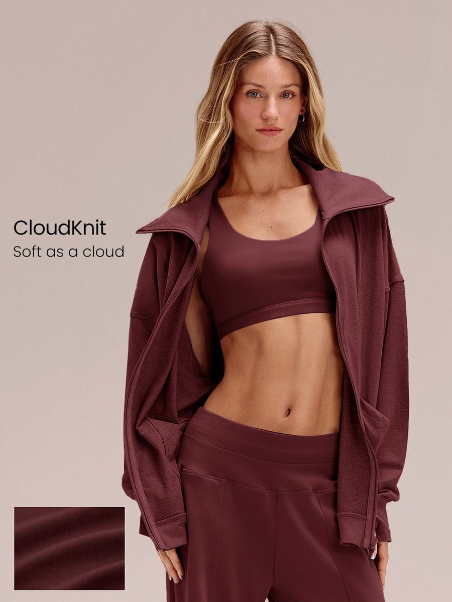 GLOWMODE CloudKnit Lift Off Relaxed Fit In-Seam Pockets Elastic Cuffs Zip-Front Jacket Daily Casual Street Wear - Burgundy - View 1