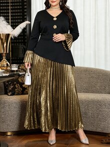 Modelyn Black Top With Gold Skirt, Elastic Waist, Versatile Fashionable Elegant Luxury Plus Size 2 Pieces Set - Black - View 5