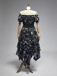 ROMWE Goth Plus Allover Print Off Shoulder Lace Up Corset Waist Asymmetrical Hem Dress - Multicolor - View 2