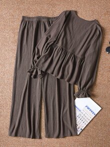 CosyJoli Plus Size Women's Casual Brown Waist Tie Long Sleeve Top And Pants Set Casual Going Out 2 Pieces Set For Women Fall/Winter Casual Office Work Sets - Coffee Brown - View 3