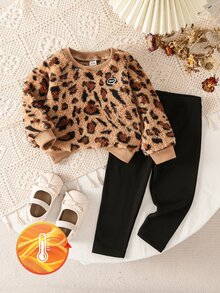 SHEIN Playful Pals 2件組女嬰套頭上衣與內搭褲套裝，可愛棕紋毛絨長袖圓領加厚款，適合假日派對、秋冬活動穿著 - 黑色 - 查看 1