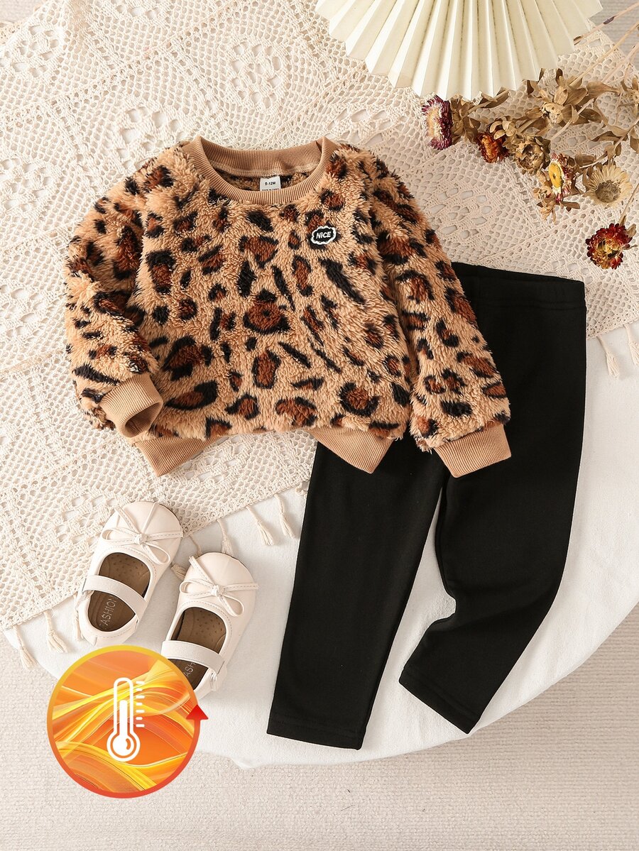 SHEIN Playful Pals 2件組女嬰套頭上衣與內搭褲套裝,可愛棕紋毛絨長袖圓領加厚款,適合假日派對、秋冬活動穿著 - 黑色 - 查看 1