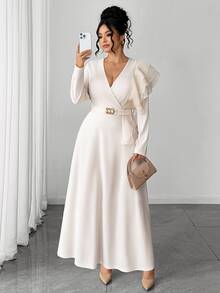 Elenzga Plus Size Knit Fabric Patchwork Satin V-Neck Long Sleeve Ruffle Shoulder Decor Cinched Waist A-Line Metal Accessory Decor Long Dress Elegant For Outing Date Party Gathering Daily Commute - Apricot - View 3