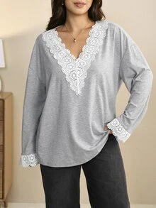 Edennvi Plus Size V-Neck, Lace Trim Collar And Cuffs, Fitted Loose Blouse - Grey - View 1