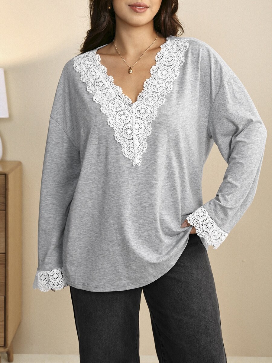 Edennvi Plus Size V-Neck, Lace Trim Collar And Cuffs, Fitted Loose Blouse - Grey - View 1